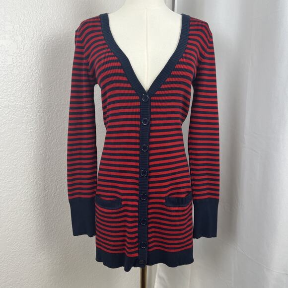 Y2K Love By Design Sweater Womens Medium Red Blue Striped Cardigan Preppy Twee - Picture 1 of 8